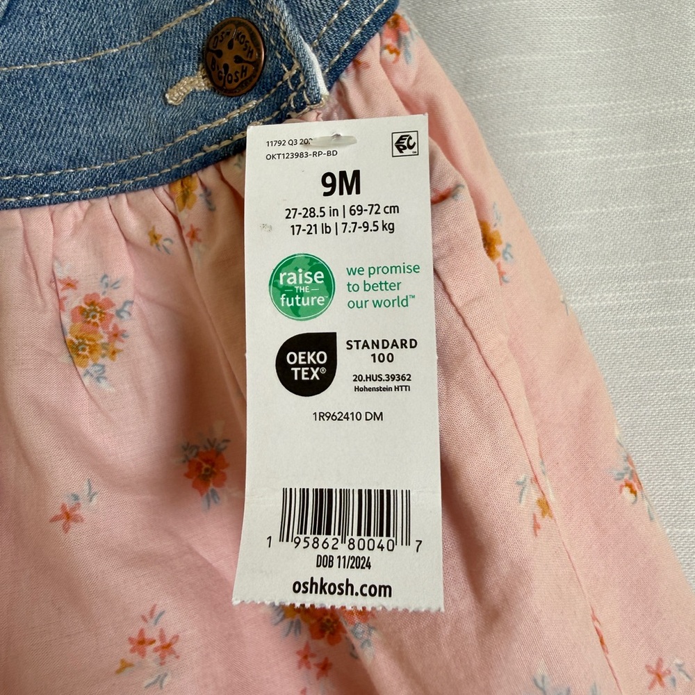 OshKosh Baby Girl Denim Overall Dress Pink Floral Skirt | NWT Size 9M - Picture 10 of 11